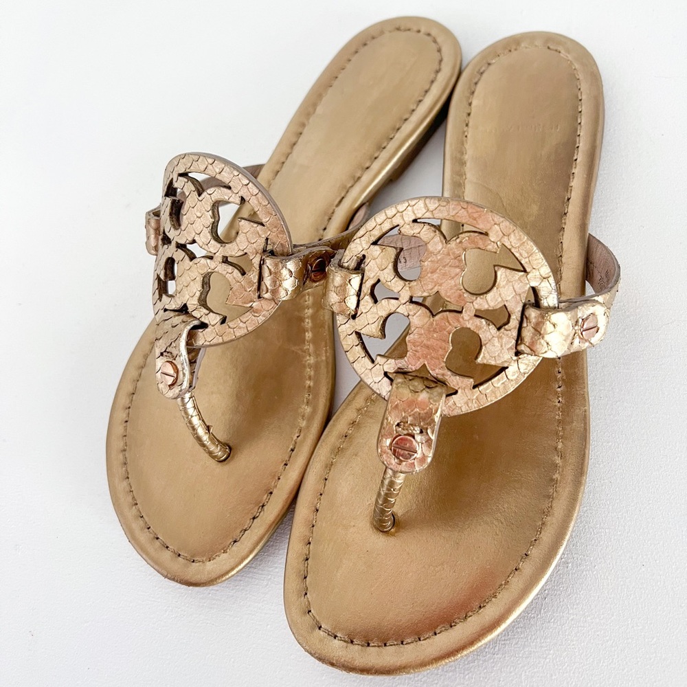Bronze Gold Tory Burch Miller Snake Skin Sandals 7.5